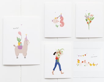 Set de tarjetas de felicitación con 5 postales y sobres | Tarjetas de cumpleaños dibujadas a mano con ilustraciones.