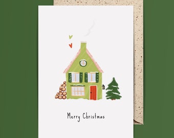 Tarjeta navideña con casa navideña y sobre | Navidad | Tarjeta de felicitación | Postal | Festividades