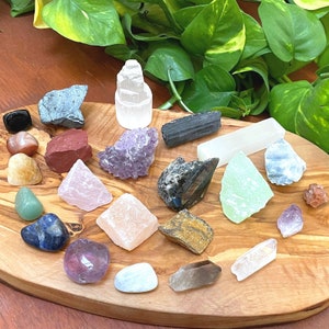 Beginner Crystal Set - 23-Piece Chakra Healing Kit - Raw & Tumbled Gemstones - Energy Protection Stone Pack (PLUS Bonus Crystal Guide)