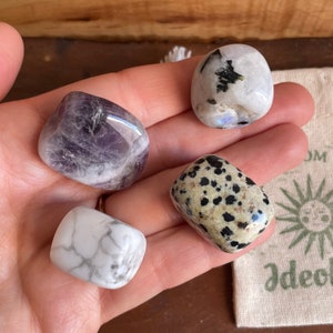 Sleep & Relaxation Crystal Set - Amethyst, Howlite, Dalmatian Jasper, Rainbow Moonstone - Healing Crystals for Dreams and Bedtime