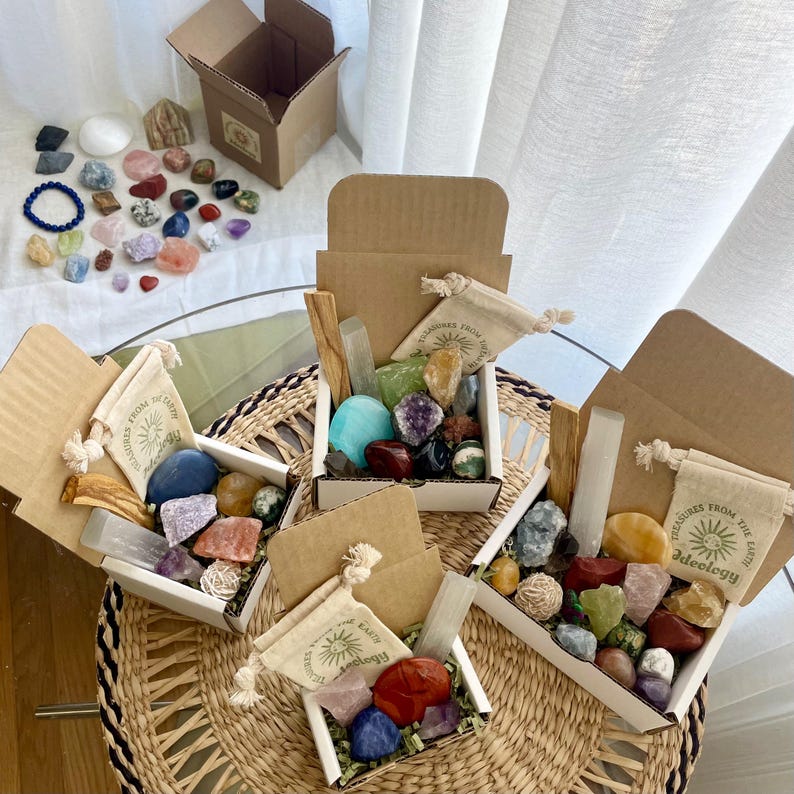All 5 Mystery Boxes Together: A visual comparison of our Mystery Crystal Box sizes, from mini to XL—each one brimming with hand-picked gems, perfect for crystal lovers.
