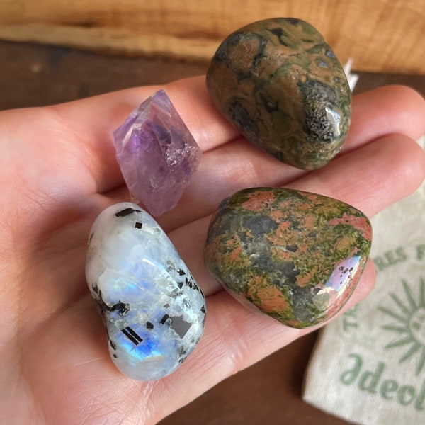 Safe Travel Crystal Set - Rainbow Moonstone, Unakite, Rhyolite, Amethyst - Travel Protection Crystals - Safe Travels Kit - Crystal Gifts