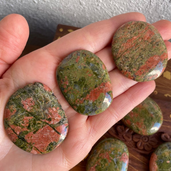 Unakite Palm Stone - Polished Natural Unakite - Green and Pink Worry Stone - Healing Touch Stone - Stress Relief Crystals and Gemstones