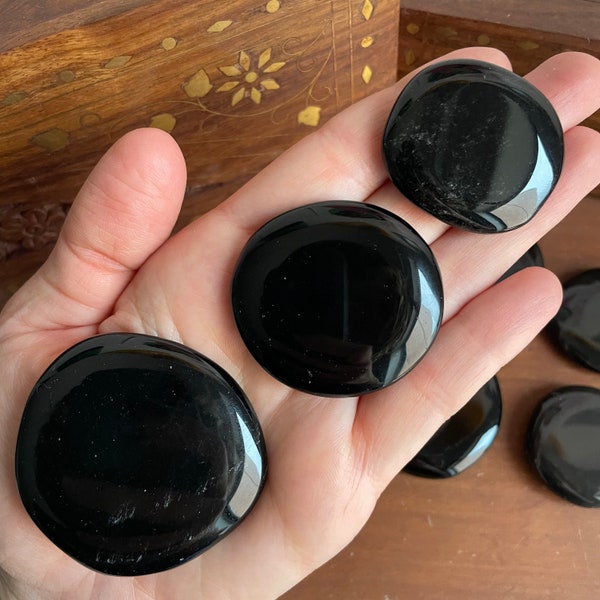 Black Obsidian Palm Stone - Smooth Polished Obsidian Worry Stone - Natural Obsidian Pocket Stone - Healing Crystals - Root Chakra Gemstones