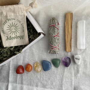 Chakra Crystal Kit with Sage, Palo Santo, Selenite | 10-Piece Healing Crystal Box Set | Energy Cleansing & Spiritual Gift Box