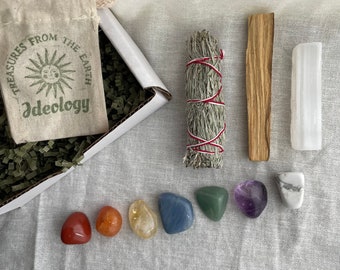 Chakra Crystal Kit with Sage, Palo Santo, Selenite | 10-Piece Healing Crystal Box Set | Energy Cleansing & Spiritual Gift Box