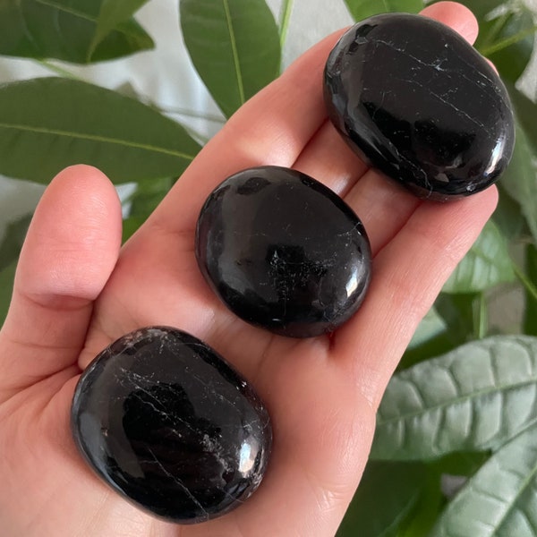 Black Tourmaline Palm Stone - Root Chakra Crystal - Premium A Grade Black Tourmaline - Large Polished Pebbles - Protection Crystals and Gems