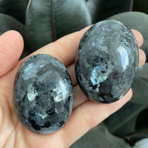 Larvikite Palm Stone (~2") - Super Flashy Larvikite Crystal - A Grade - Premium Quality Black Labradorite - Protection Stones & Gemstones