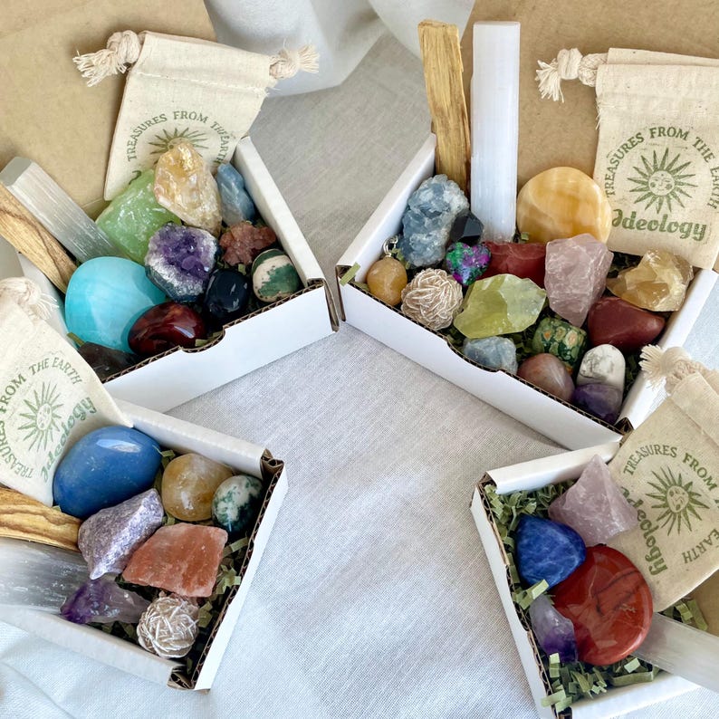 Mystery Crystal Box Collection: Showcasing the exciting variety found in each size—every box offers a unique crystal surprise, beautifully packaged.