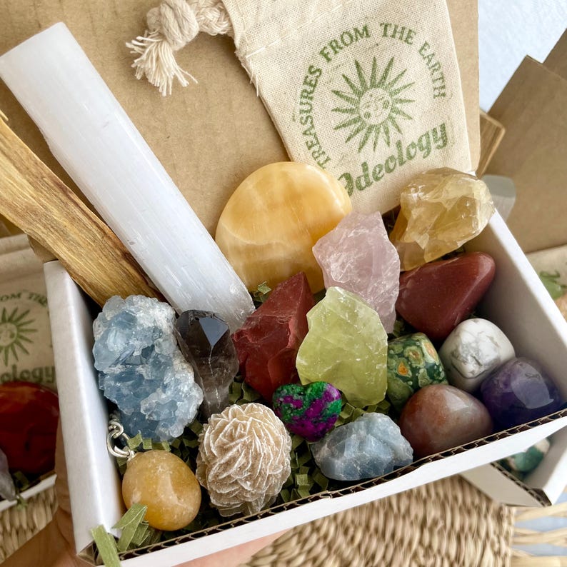 Large Mystery Crystal Box: Packed with variety! Enjoy gemstones such as a selenite tower, mystery clusters, tumbled stones, a crystal bracelet, and more for abundant energy.
