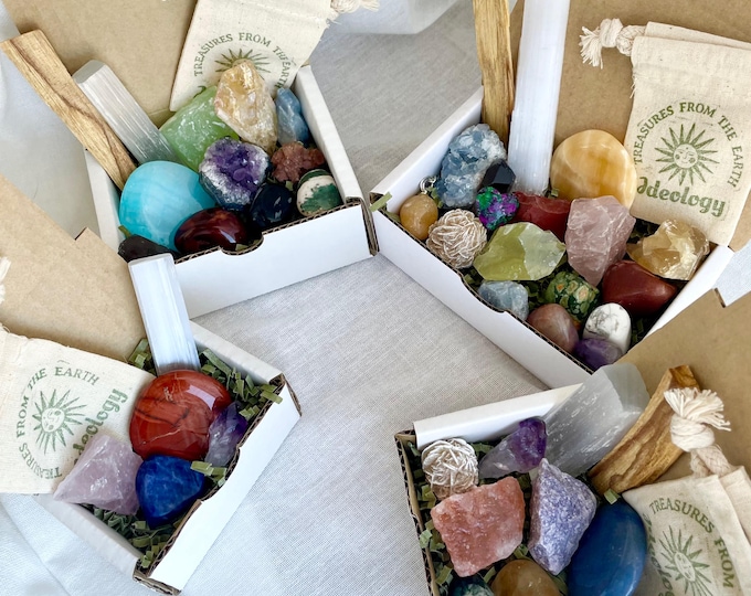 Mystery Crystal Box – Crystal Confetti with Tumbled Stones, Selenite, Rough Crystals, Palo Santo & Palm Stones | Surprise Crystal Gift Set