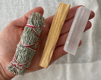 Sage Smudge Kit with Palo Santo & Selenite Wand | Energy Cleansing and Spiritual Gift Set | Natural Smudge Kit for Crystal Healing