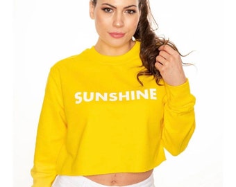 Sunshine Cropped Slogan Sweatshirt in Yellow, Cute Clothing for Women, Summer Style, Gift for her, Cropped sweater, slogan tees and sweaters