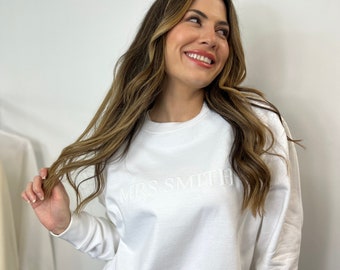 Personalised Mrs Embossed Name Sweatshirt | Sweater for the Bride to Be | Custom Gift for Bride Sweatshirt | Future Mrs Bachelorette Present