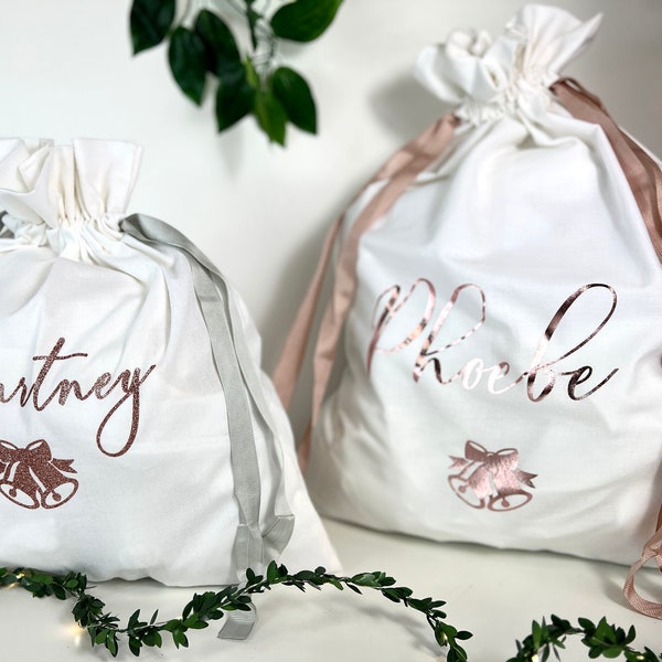Luxury Personalized Santa Sack with Bells | Custom Stockings for Christmas | Xmas Gift Bags | Christmas Eve Box Idea | Kids xmas gift sacks
