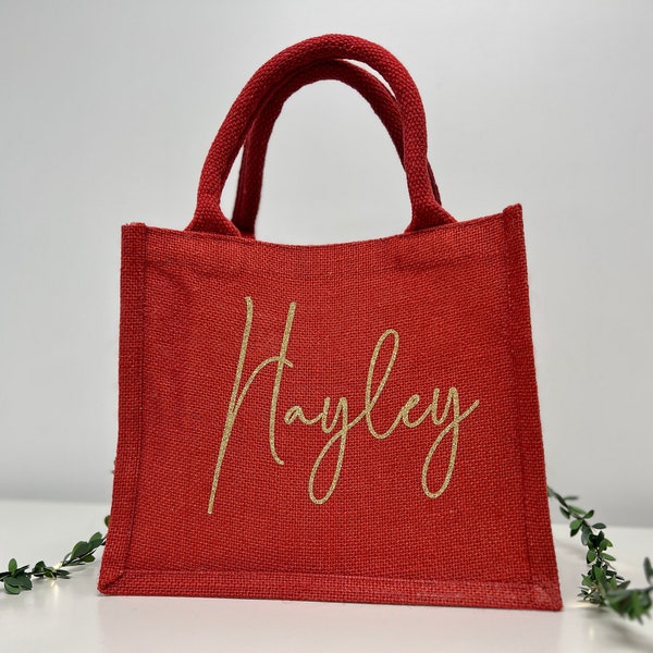 Bolso de mano personalizado rojo, bolsa de regalo de Navidad, bolsa de compras reutilizable personalizada, bolsa de Navidad hecha a mano, bolsa de regalo personalizada, regalo de Papá Noel para ella
