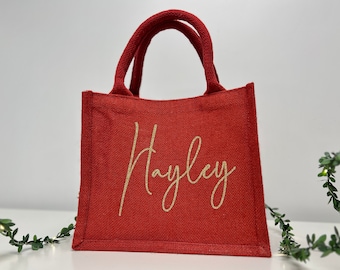 Red Personalised Tote Bag, Christmas Gift Bag, Custom reusable shopping bag, Handmade Xmas Bag, Personalized gift bag, Santa gift for her