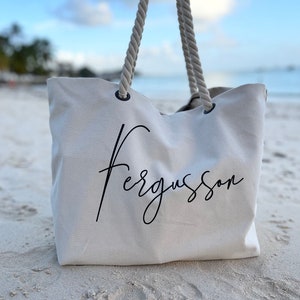Custom name Beach Bag | Personalized Holiday Bag with rope handle | Personalised Gift for her | Nautical Beach Tote | Honeymoon travel gift