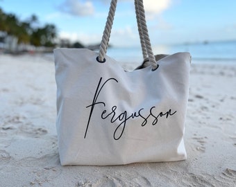 Benutzerdefinierte Name Strandtasche | Personalisierte Urlaubstasche mit Seilgriff | Personalisiertes Geschenk für sie | Nautische Strandtasche Flitterwochen Reisegeschenk