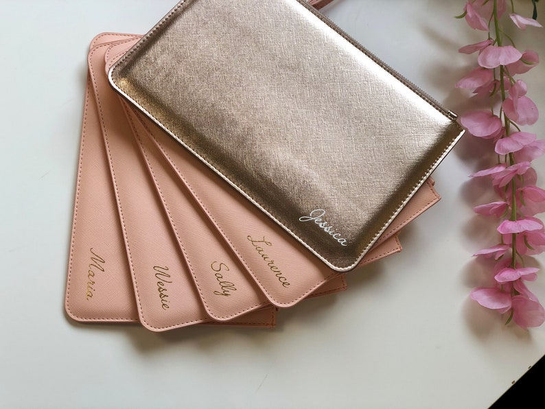 Personalised clutch bag with name Bridesmaid gift gift for bride Maid of Honour present Personalized gift for her Bachelorette Rose Gold Metallic