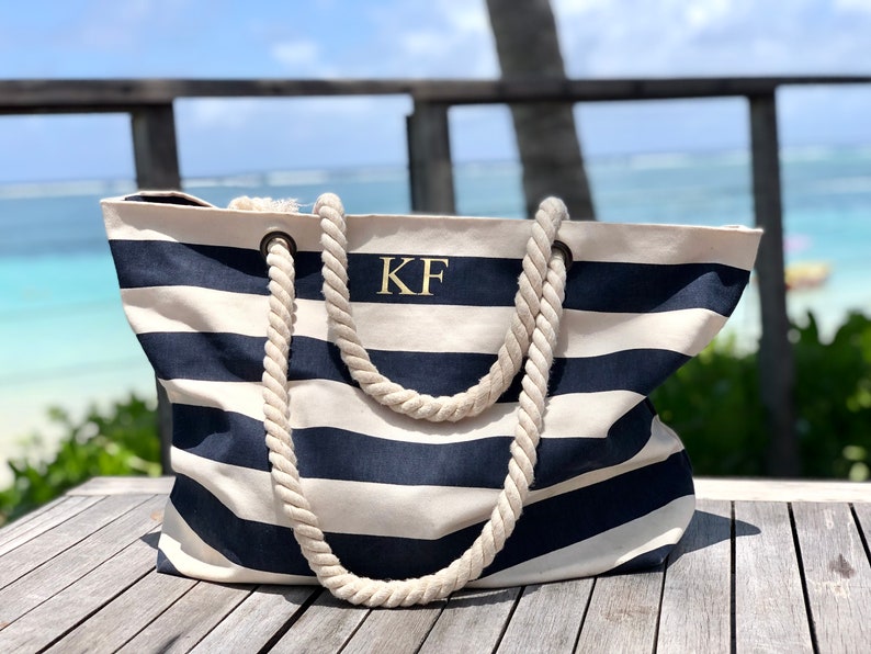 Personalised Beach Bag Striped Holiday Bag with rope handle Personalised Gift for her Nautical Beach Tote Honeymoon travel gift image 2