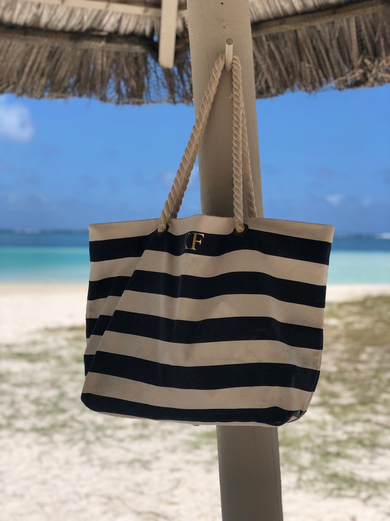 Personalised Beach Bag Striped Holiday Bag with rope handle Personalised Gift for her Nautical Beach Tote Honeymoon travel gift image 9