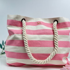 Personalised Beach Bag Striped Holiday Bag with rope handle Personalised Gift for her Nautical Beach Tote Honeymoon travel gift image 3