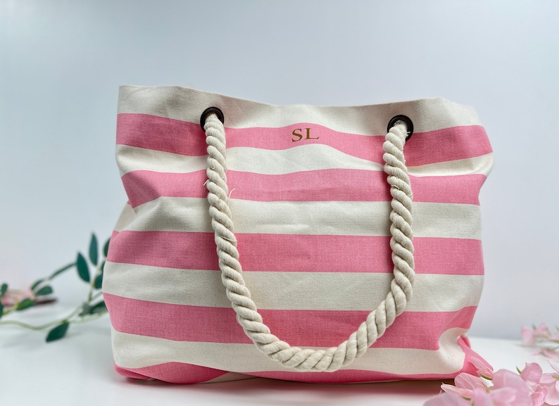 Personalised Beach Bag Striped Holiday Bag with rope handle Personalised Gift for her Nautical Beach Tote Honeymoon travel gift image 3