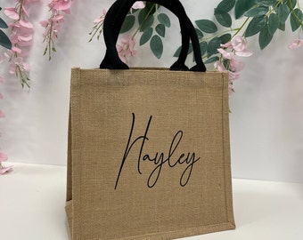 Large Personalised Jute Tote Bag with black handles | Bridesmaid boxes | custom reusable shopping bag | hen party | personalized gift bags