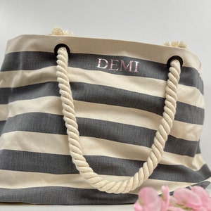 Personalised Beach Bag Striped Holiday Bag with rope handle Personalised Gift for her Nautical Beach Tote Honeymoon travel gift image 5