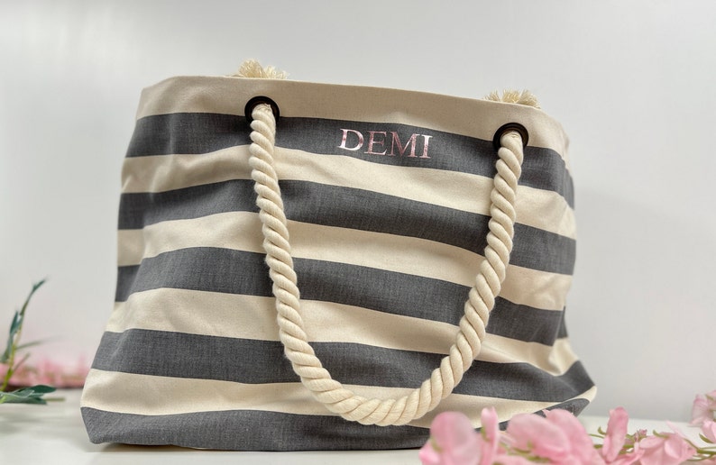 Personalised Beach Bag Striped Holiday Bag with rope handle Personalised Gift for her Nautical Beach Tote Honeymoon travel gift image 5