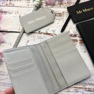 Personalised passport holder & luggage tag travel set, gift for bridesmaid, travel gift, personalized luggage tag, honeymoon gift, bride Grey