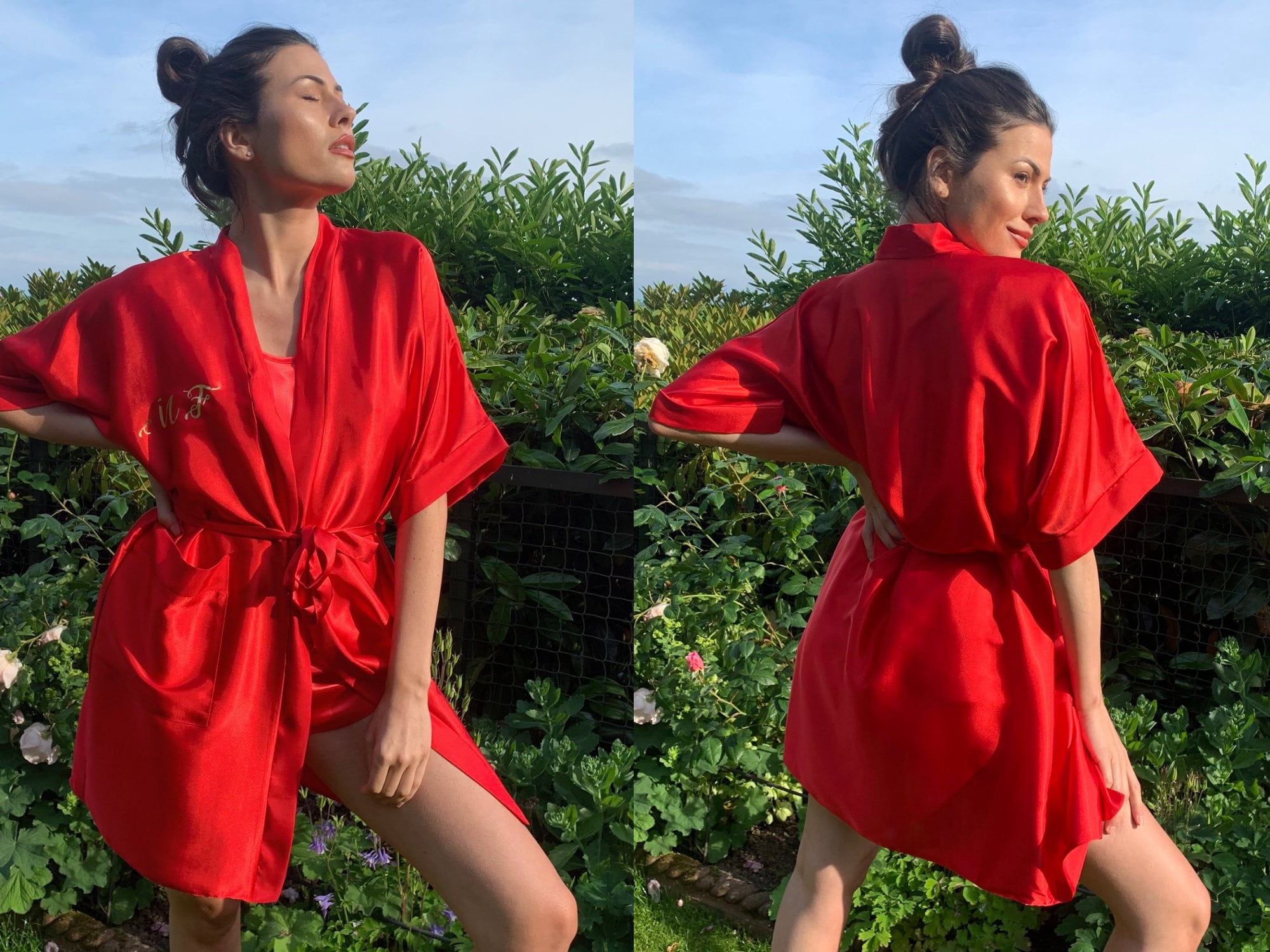 Short red silk robe sale