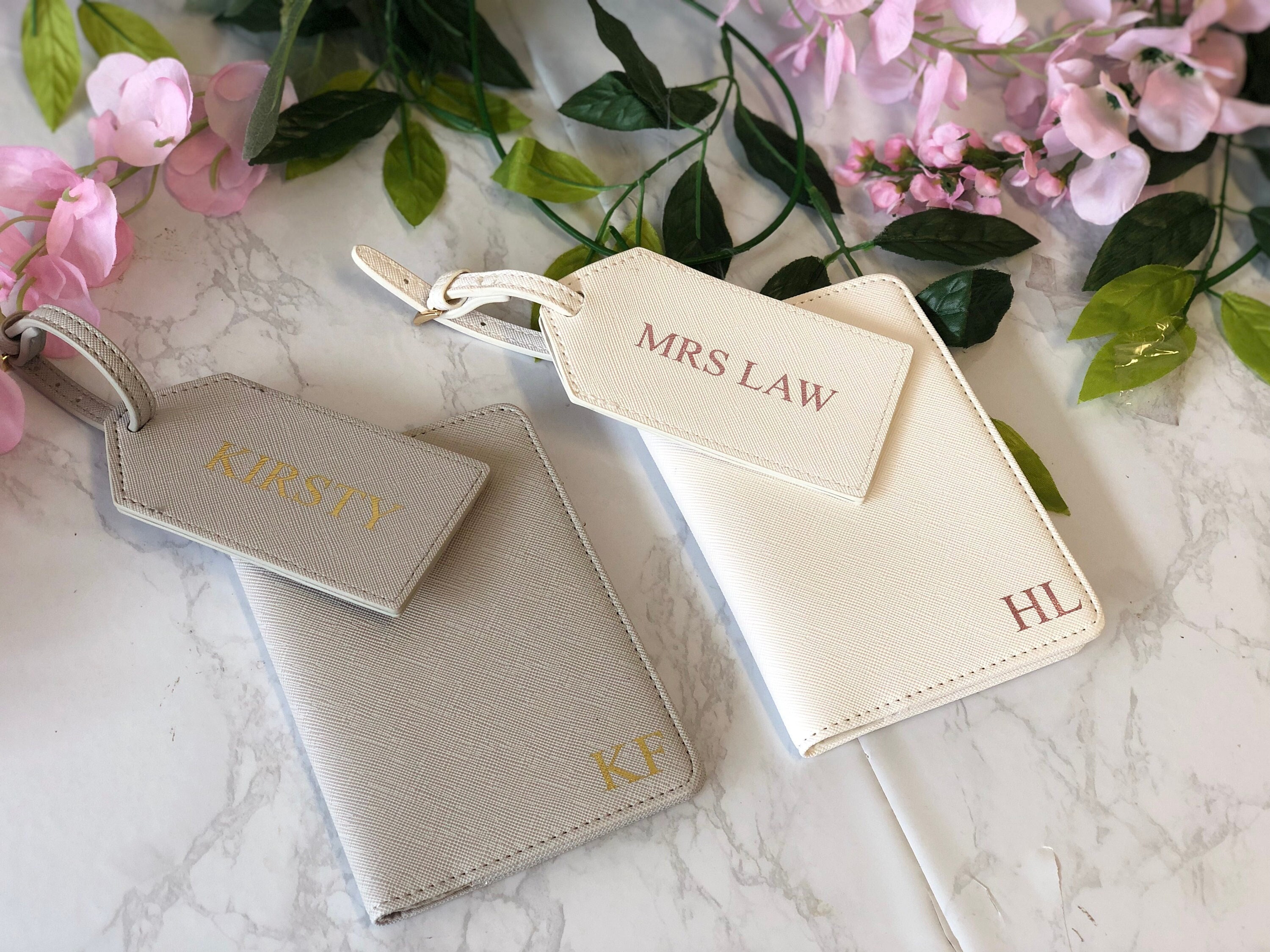 Personalised PU Leather Passport Cover/Luggage Tag Floral Letter Bridesmaid Gift 