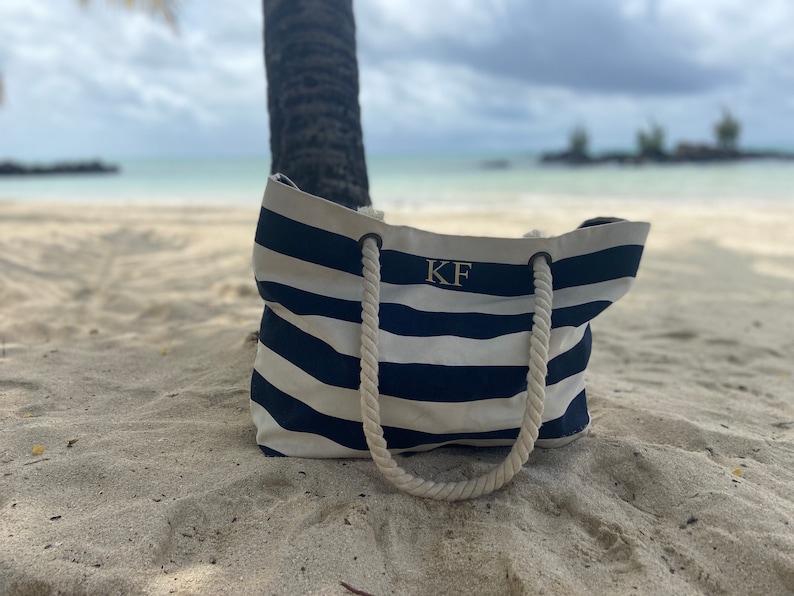 Personalised Beach Bag Striped Holiday Bag with rope handle Personalised Gift for her Nautical Beach Tote Honeymoon travel gift image 8