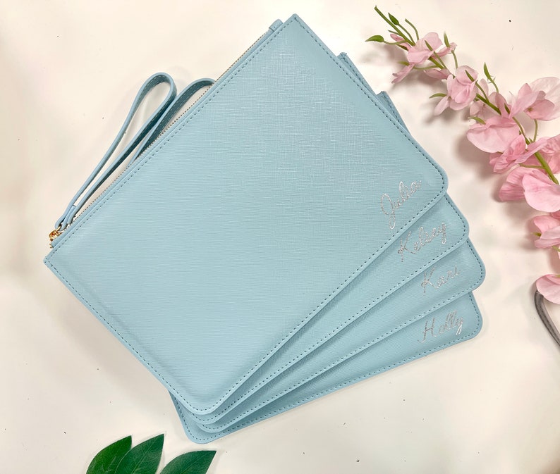 Personalised clutch bag with name Bridesmaid gift gift for bride Maid of Honour present Personalized gift for her Bachelorette Light Blue