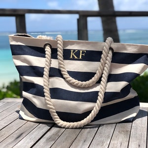 Personalised Beach Bag Striped Holiday Bag with rope handle Personalised Gift for her Nautical Beach Tote Honeymoon travel gift image 6