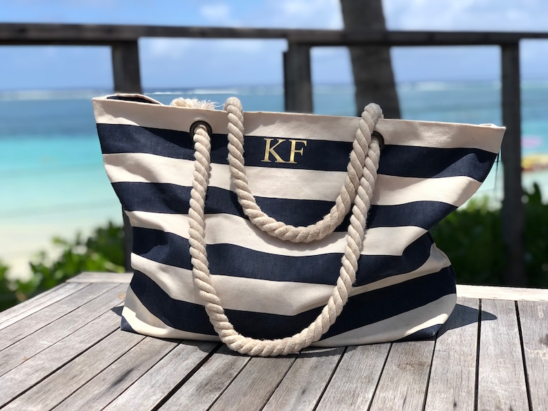 Personalised Beach Bag Striped Holiday Bag with rope handle Personalised Gift for her Nautical Beach Tote Honeymoon travel gift image 6