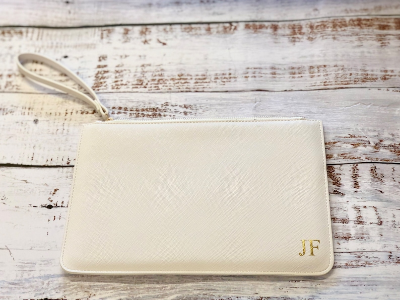 Personalised clutch bag, personalize bag, monogram gift for her, Maid of Honour present, custom bridesmaid gift customized inital pouch White