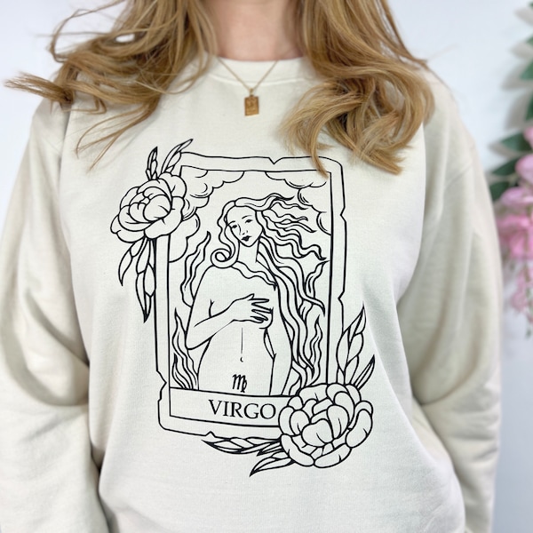 Sweat-shirt carte de tarot du zodiaque | Pulls et chemises d'automne | Cadeau pour amoureux du zodiaque | Cadeau Vierge Balance | Cadeau d'Halloween pour elle | Vêtements d'automne