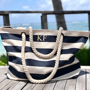 Personalised Beach Bag Striped Holiday Bag with rope handle Personalised Gift for her Nautical Beach Tote Honeymoon travel gift image 1