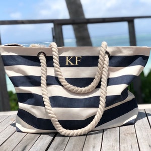 Personalised Beach Bag Striped Holiday Bag with rope handle Personalised Gift for her Nautical Beach Tote Honeymoon travel gift image 4