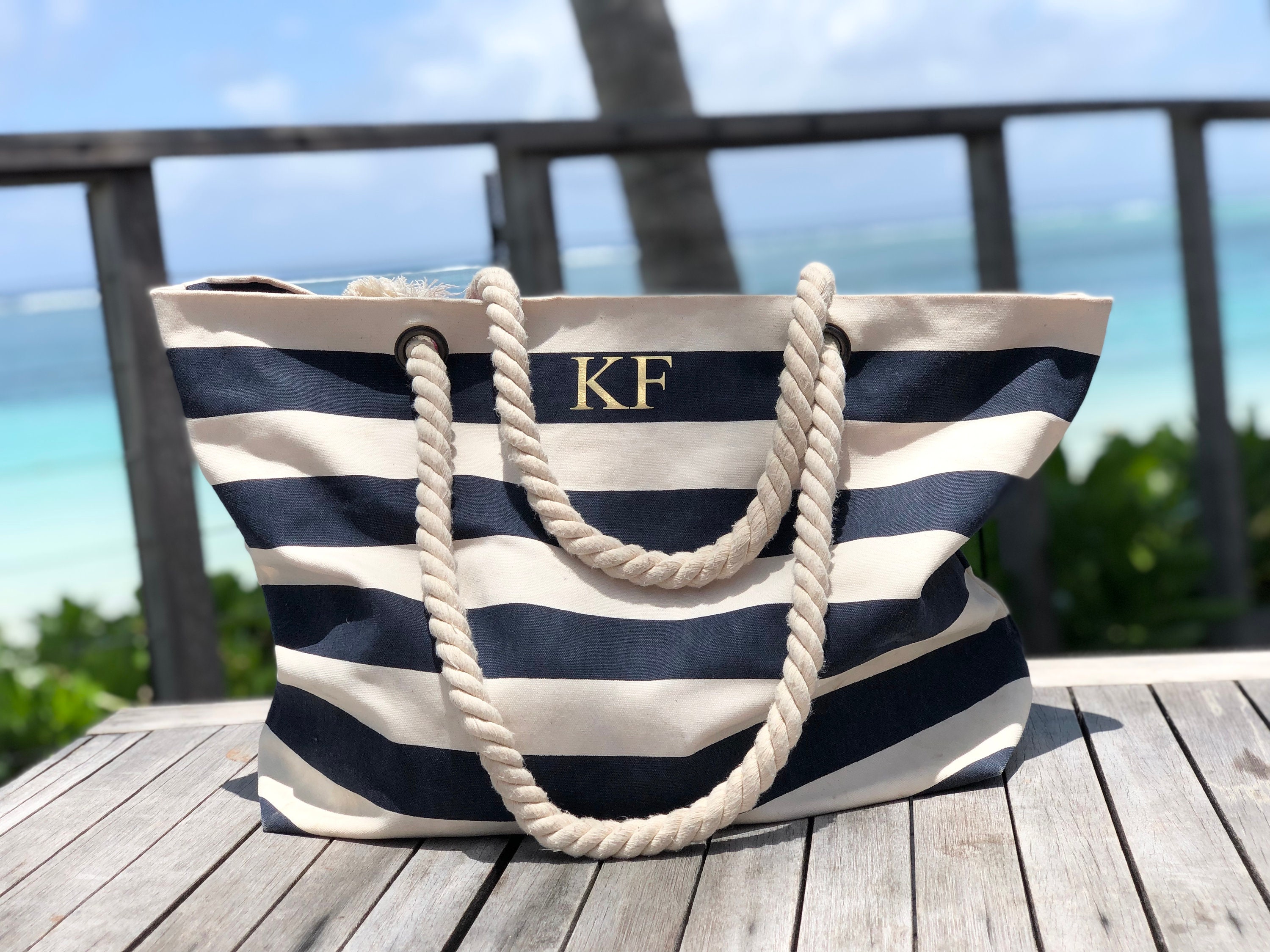 Personalised Beach Bag Striped Holiday Bag With Rope Handle picture image
