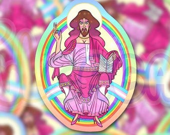Queer Jesus Christ LGBT Gay Christian Drag Queen - Autocollants holographiques brillants sarcastiques drôles de fierté - Faits à la main