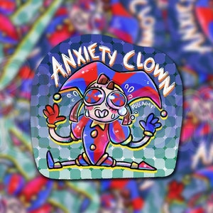 Clown d’anxiété - The Amazing Digital Circus Pomni - Autocollants brillants holographiques - Sarcastique drôle - Fait main