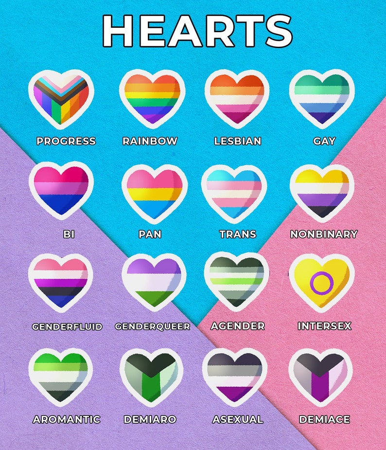 Distintas pegatinas de papel en forma de corazón con las banderas LGBTQIA