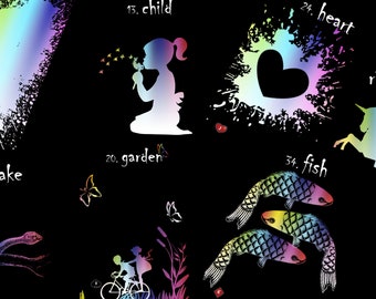 May include: A black background with colorful, rainbow-like images of a snake, a child blowing on a dandelion, a heart, a unicorn, fish, and a garden scene. The numbers 7, 15, 20, 24, 34 are visible, along with the words "snake", "child", "garden", "heart", "rider", and "fish".