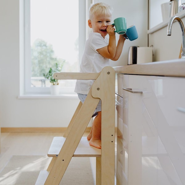 Składana wieża kuchenna: stołek schodkowy Montessori, regulowana wysokość