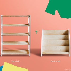 May include: Two white wooden shelves, one with four shelves and the other with three shelves. The shelf with four shelves is labeled "Toy shelf" and the shelf with three shelves is labeled "Book shelf".