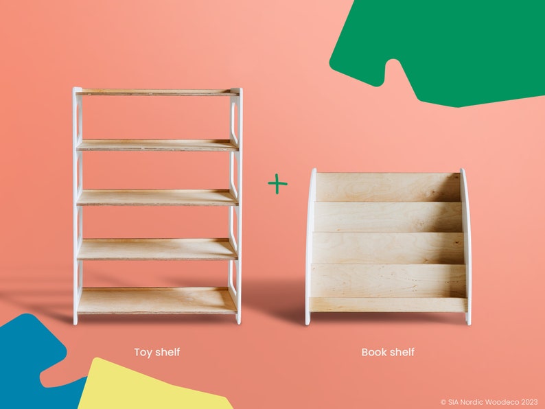 May include: Two white wooden shelves, one with four shelves and the other with three shelves. The shelf with four shelves is labeled "Toy shelf" and the shelf with three shelves is labeled "Book shelf".
